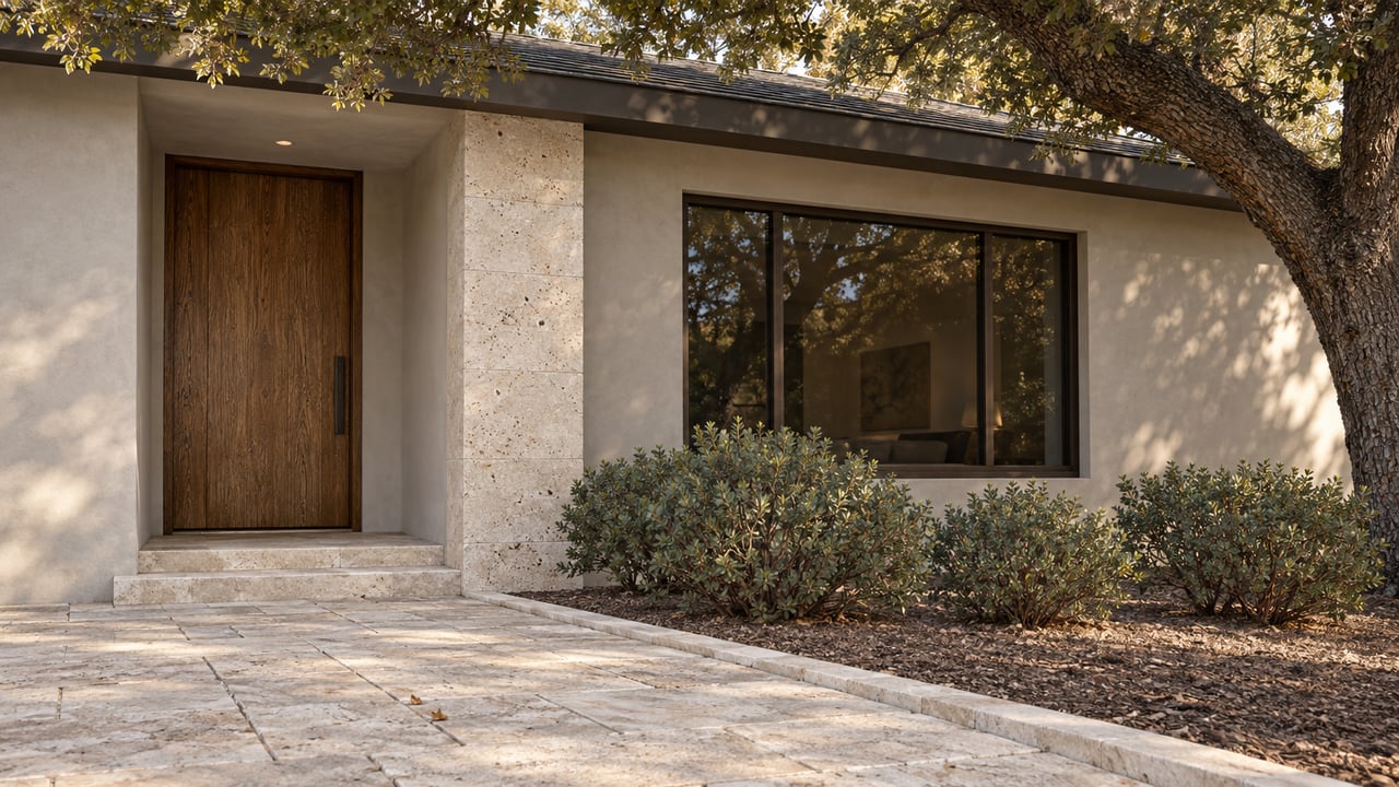 Recessed oak entrance beside a bronze-framed window, with limestone paving and oak canopy.