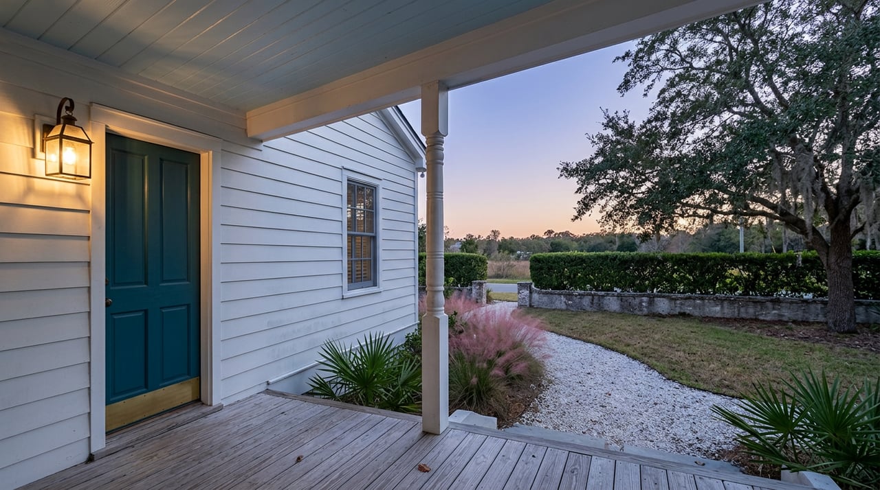 White coastal cottage porch with a warm lantern, teal door, shell path, and live oak at dusk.