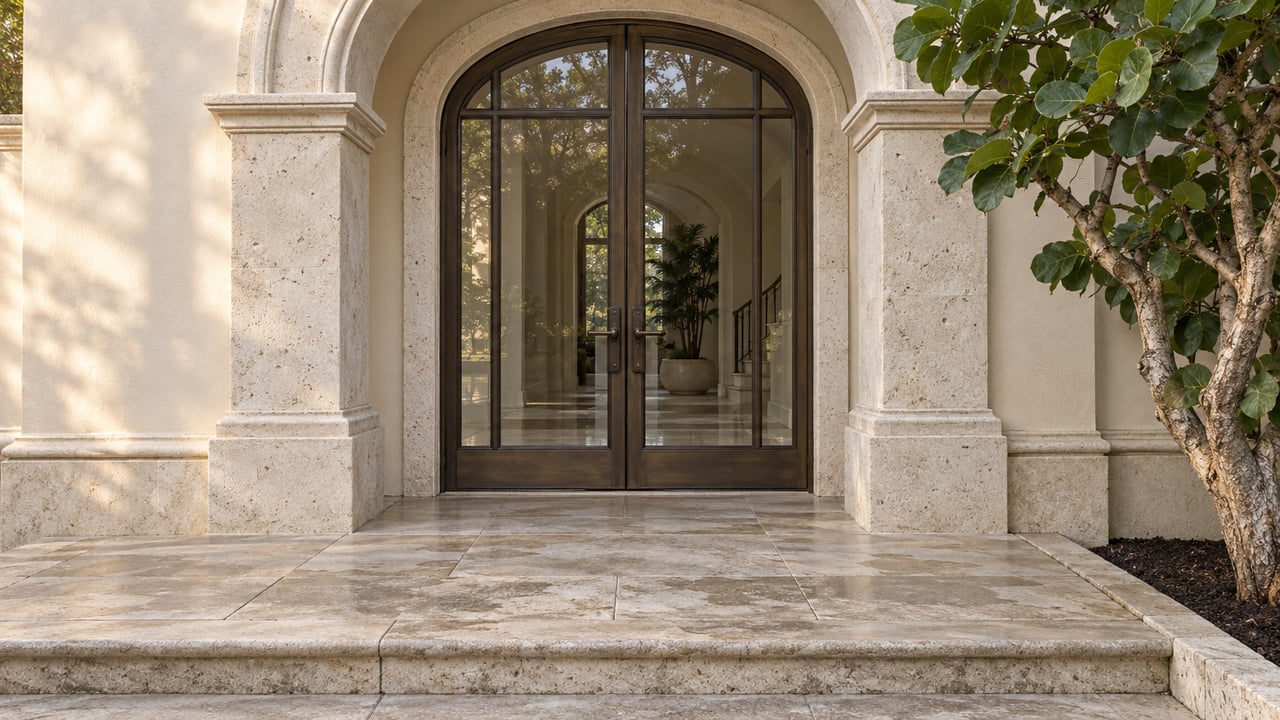 Ivory stucco arched entrance with bronze-framed double glass doors, weathered limestone steps, and a sculptural sea grape tree.