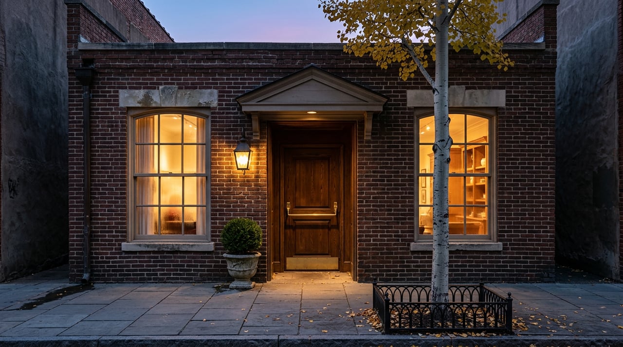 Brick storefront with two glowing arched windows, a lantern, and a golden aspen beside the stone sidewalk.