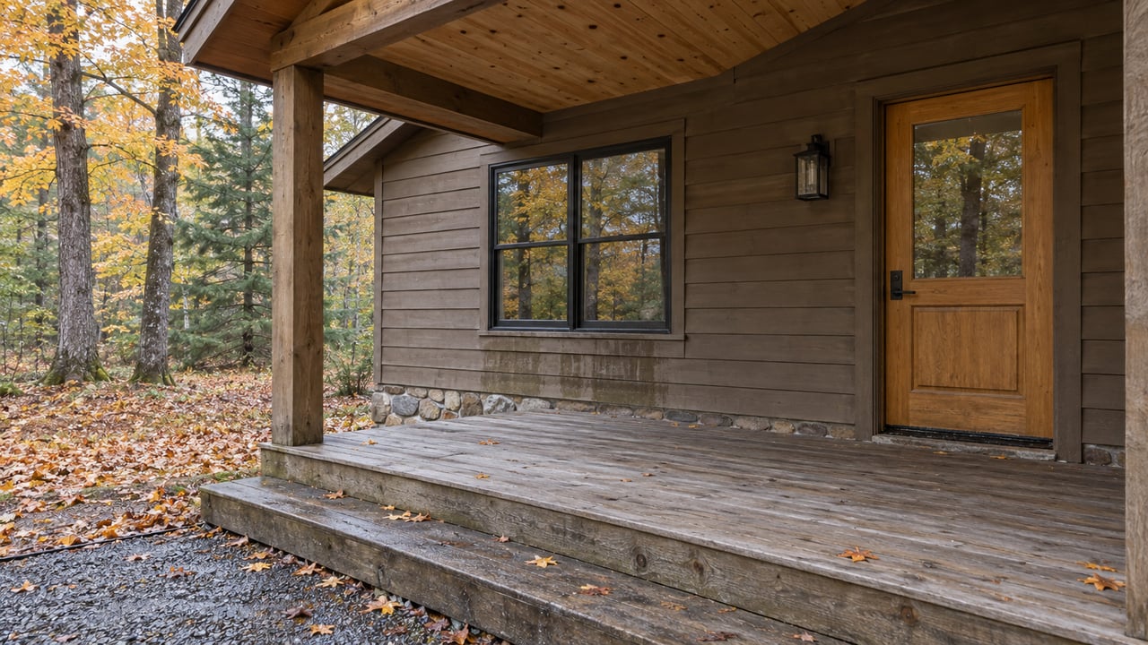 Weathered wood porch and closed entry of a modest woodland home, with stone foundation and autumn maple leaves beyond the steps.
