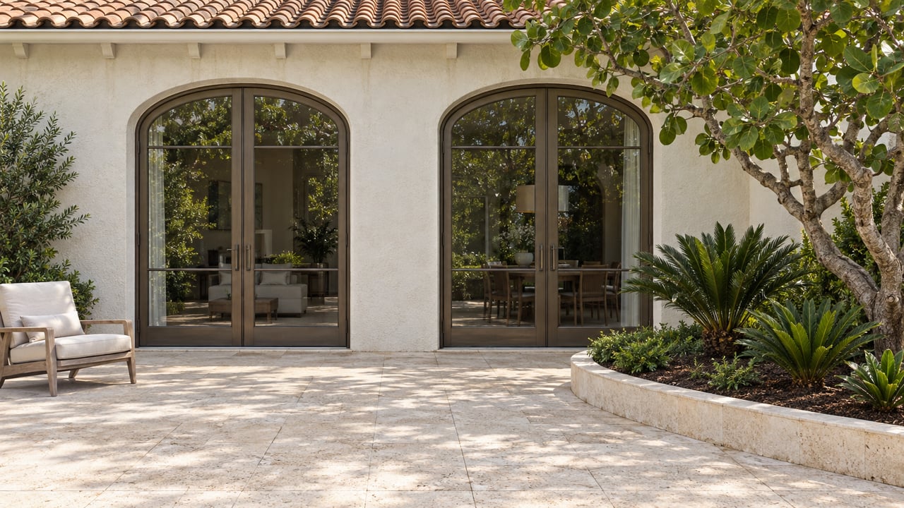 Stone patio with arched glass doors, a lounge chair, and tropical landscaping.