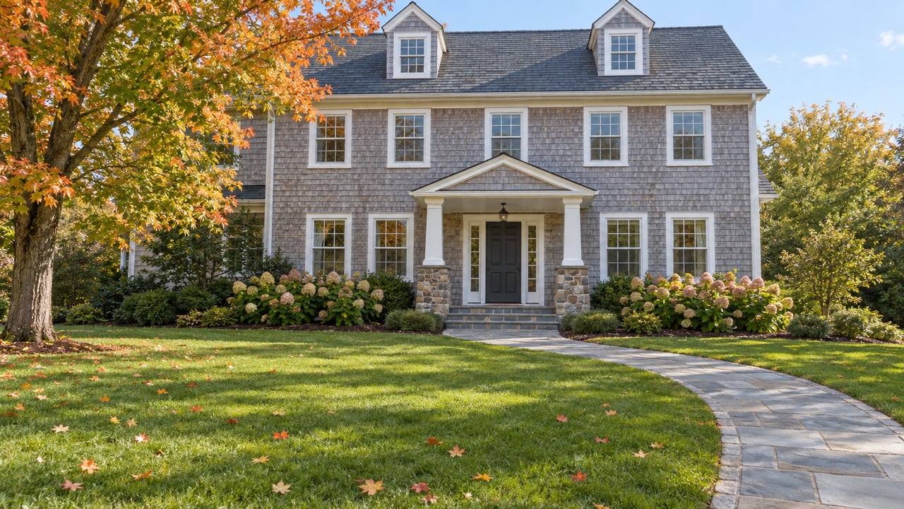 Gray cedar-shingle home with white divided-light windows, a fieldstone porch, deep lawn, flowering hydrangeas and an autumn sugar maple.