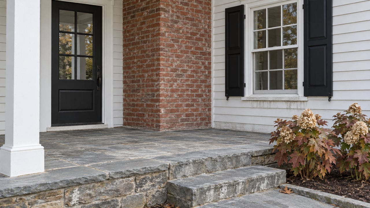 White clapboard porch with a black divided-light door, brick chimney, shuttered window and bluestone steps beside russet oakleaf hydrangeas.