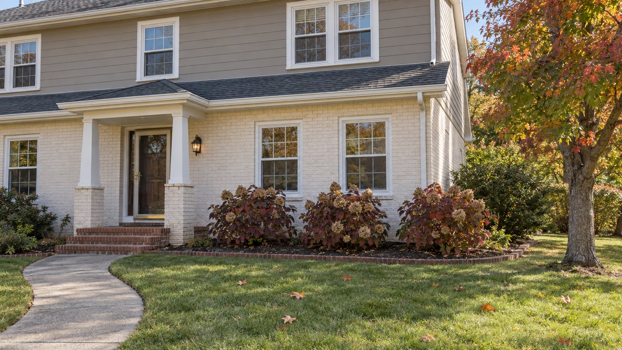 Established two-story home with painted brick, taupe siding, a curved front walk and a red maple beginning its autumn color.