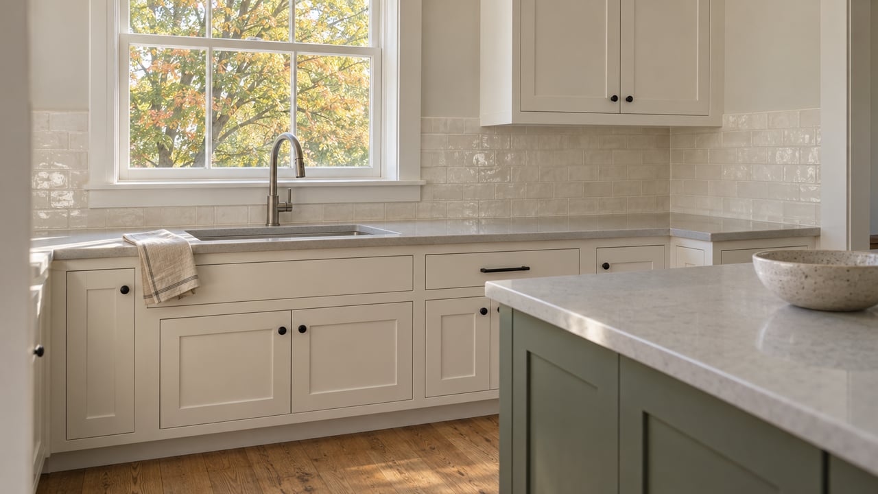 Daylit kitchen with white shaker cabinets, a gray-green island, oak flooring and autumn maple leaves beyond a closed window.