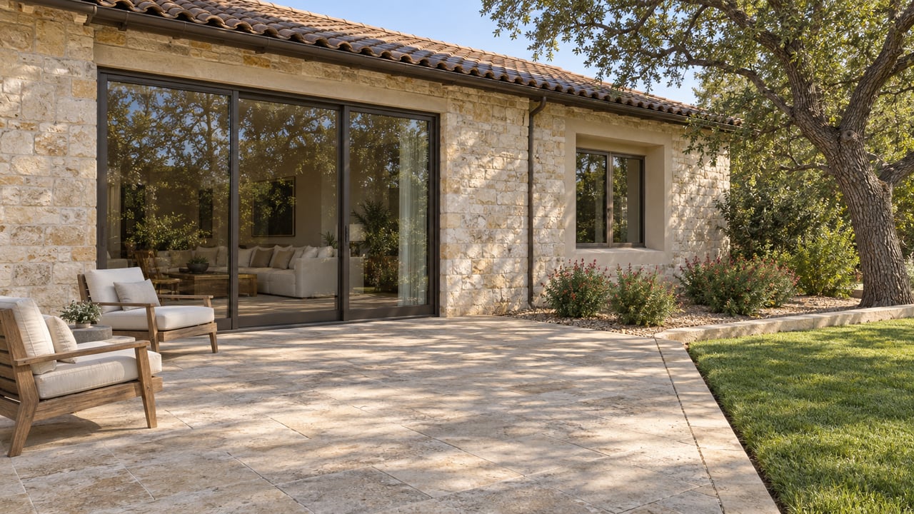 Limestone home with clay tile roofing and bronze-framed glass doors opening onto a broad stone terrace with teak chairs and a mature live oak.