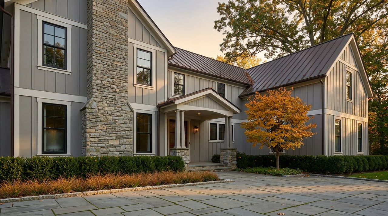 Two-story gray estate home with a ledgestone chimney, covered entry, and golden autumn trees.