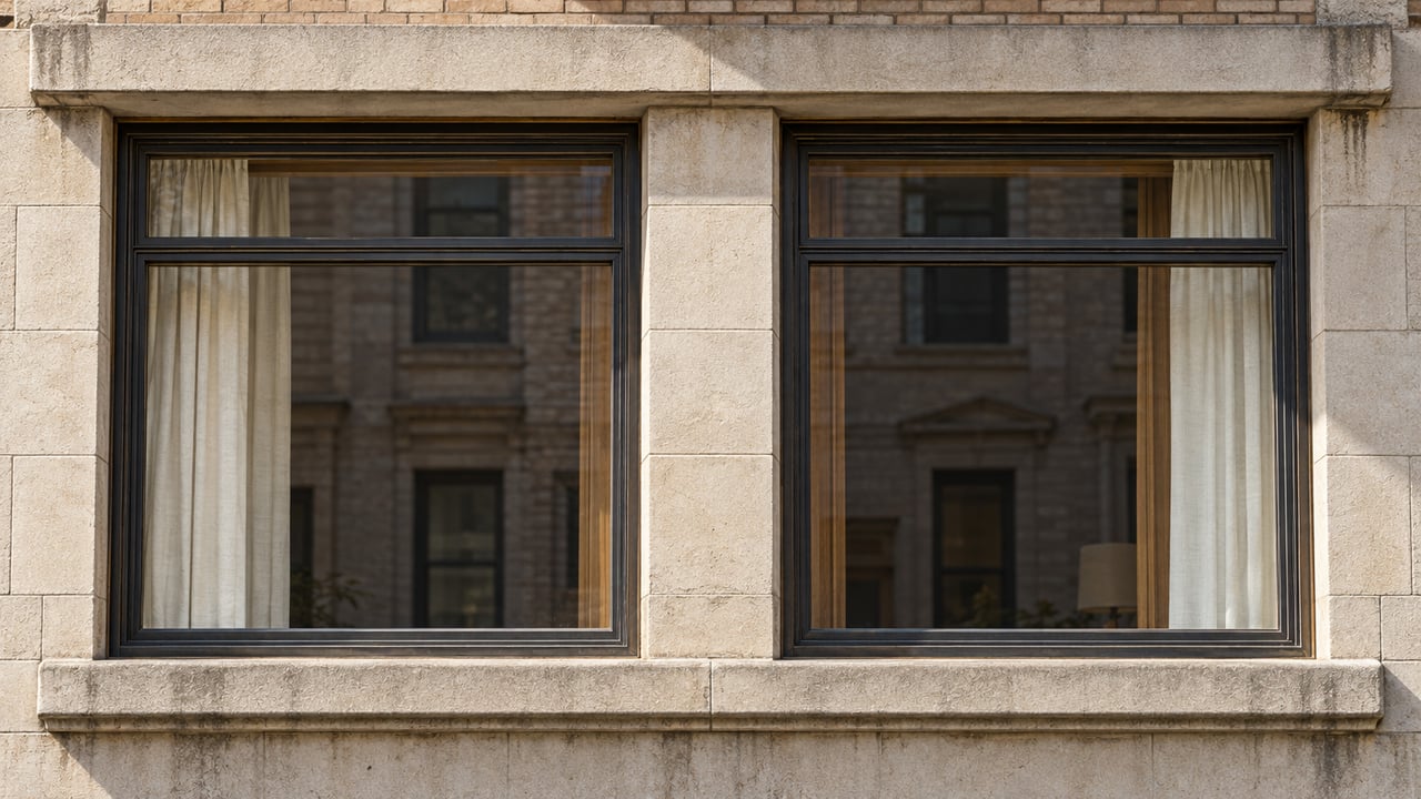 Sunlight grazes a weathered limestone apartment facade with two bronze-framed windows and ivory curtains.