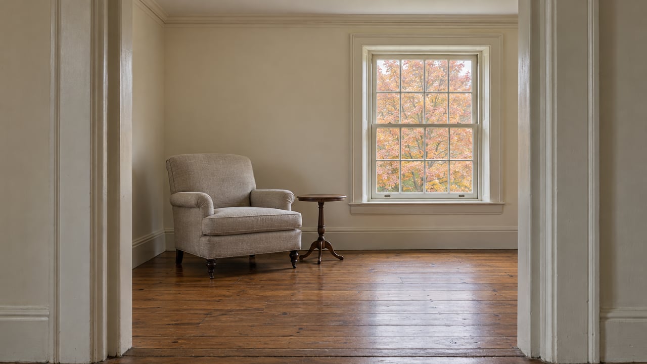 An upstairs sitting room with ivory plaster walls, wide pine floorboards, a wool reading chair and a deep-set sash window overlooking autumn leaves.