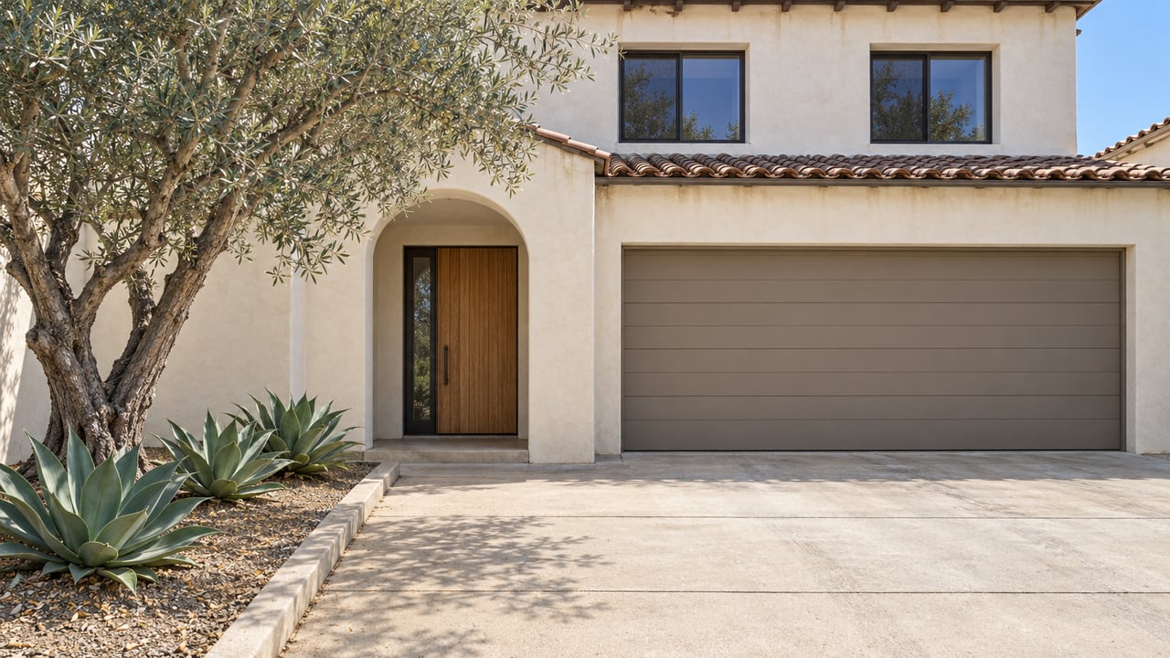 White stucco two-story home with terracotta roof tiles, a recessed oak entry door, and a paved approach beside an olive tree and agaves.