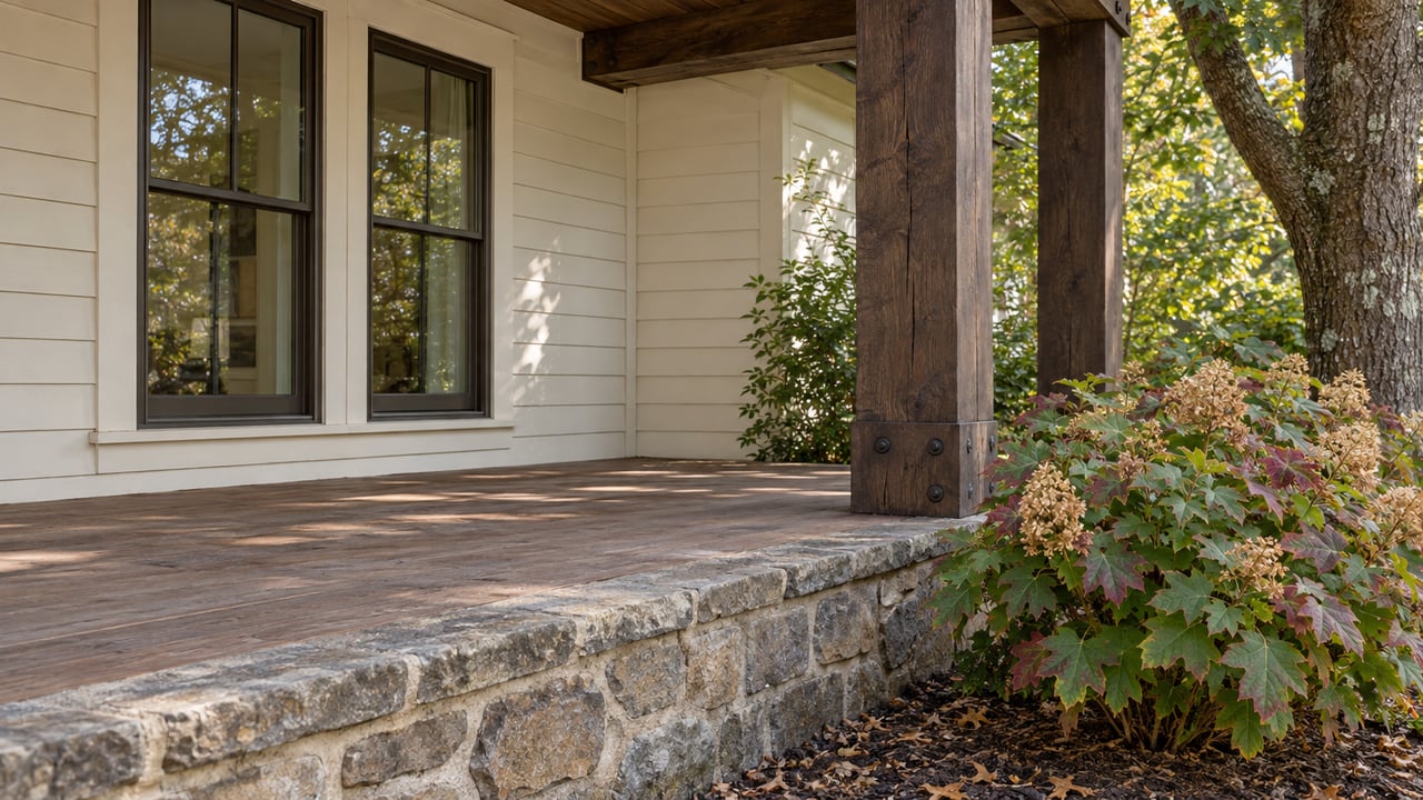 Dark timber porch framing, off-white siding and paired windows above a fieldstone foundation beside oakleaf hydrangeas.