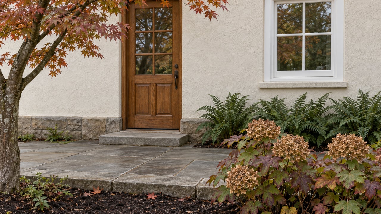 Cream stucco garden entry with a glazed oak door, white multi-pane window, sandstone paving and autumn planting.