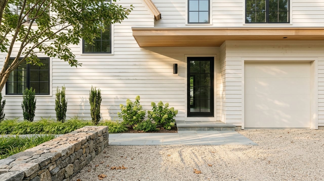 Cream clapboard house with black grid-glass entry, fieldstone wall, bluestone walk, and gravel driveway