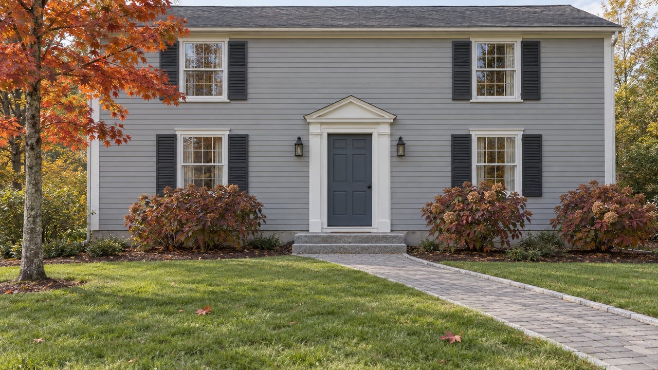 Gray clapboard home with paired shuttered windows, a blue-gray front door, granite steps, and an autumn maple beside a broad lawn and brick walk.