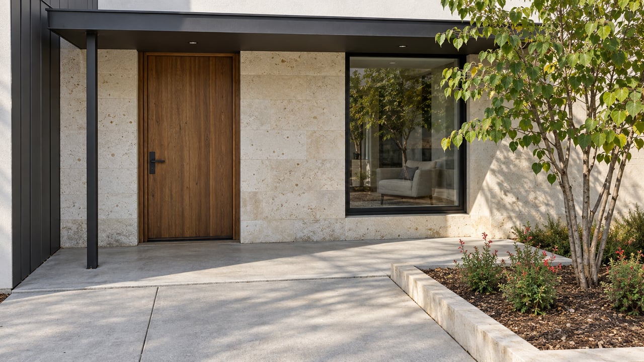 A recessed wood entry and black-framed window beneath a slim canopy, beside limestone and a small flowering planted bed.