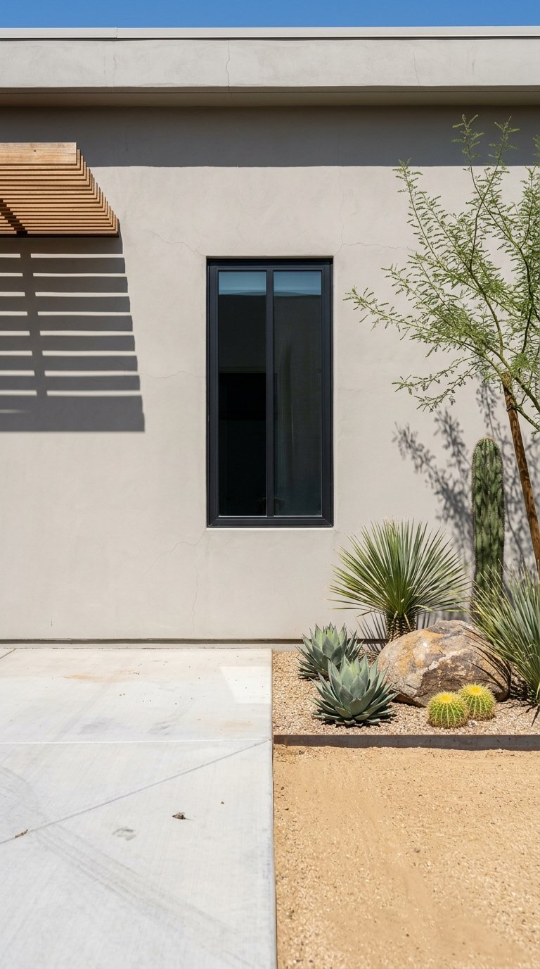 Exterior facade with a window, cedar screen, and xeriscape plants.