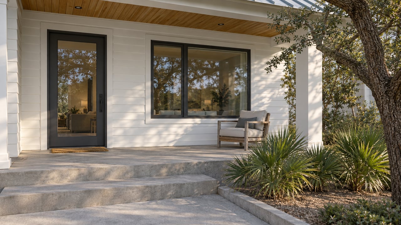 Sunlit white-sided home with a deep covered porch, cypress ceiling, charcoal-framed glazing, and a weathered teak chair beside native planting.