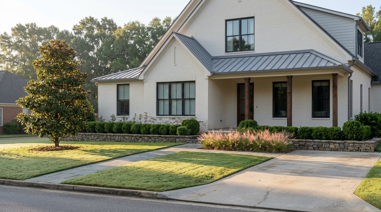 Off-white brick home with a gabled porch, bluestone walkway, low stone wall, and magnolia tree across the lawn.