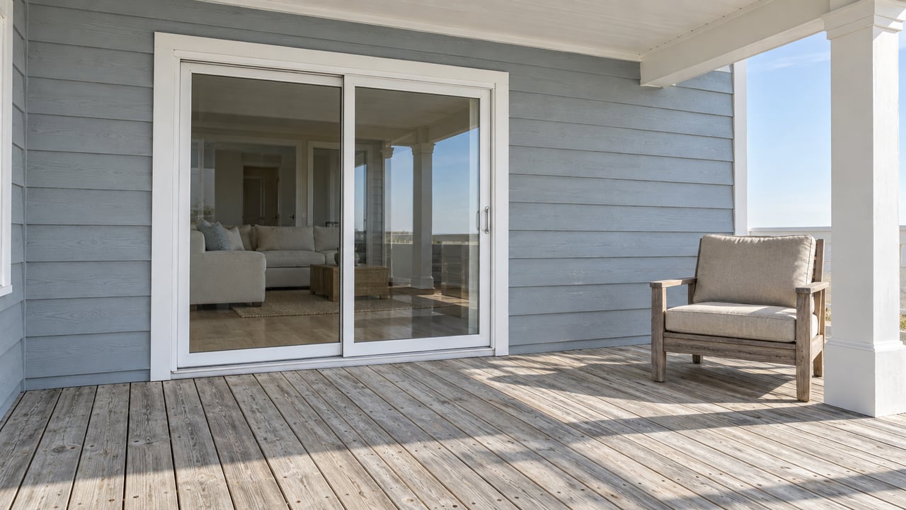 Covered porch with weathered timber decking, gray-blue siding, closed glass doors and a teak chair.