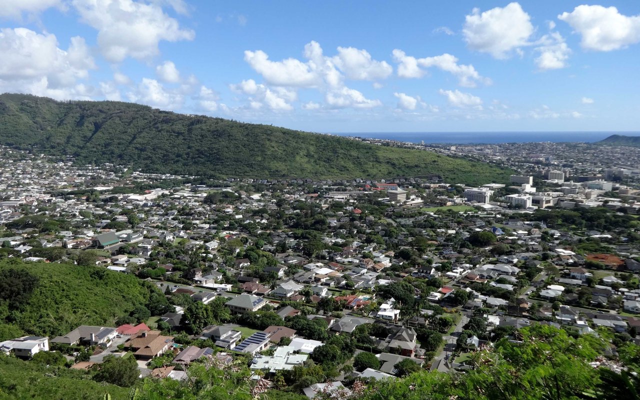 Aerial view of Manoa homes beneath a lush ridgeline, with the ocean in the distance.