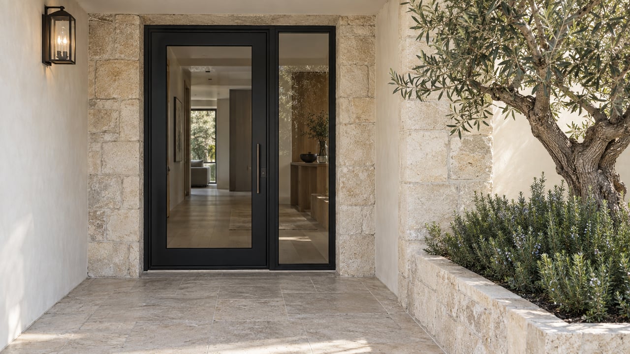 Black glazed entry door and sidelight in a limestone recess, beside a raised bed with an olive tree.