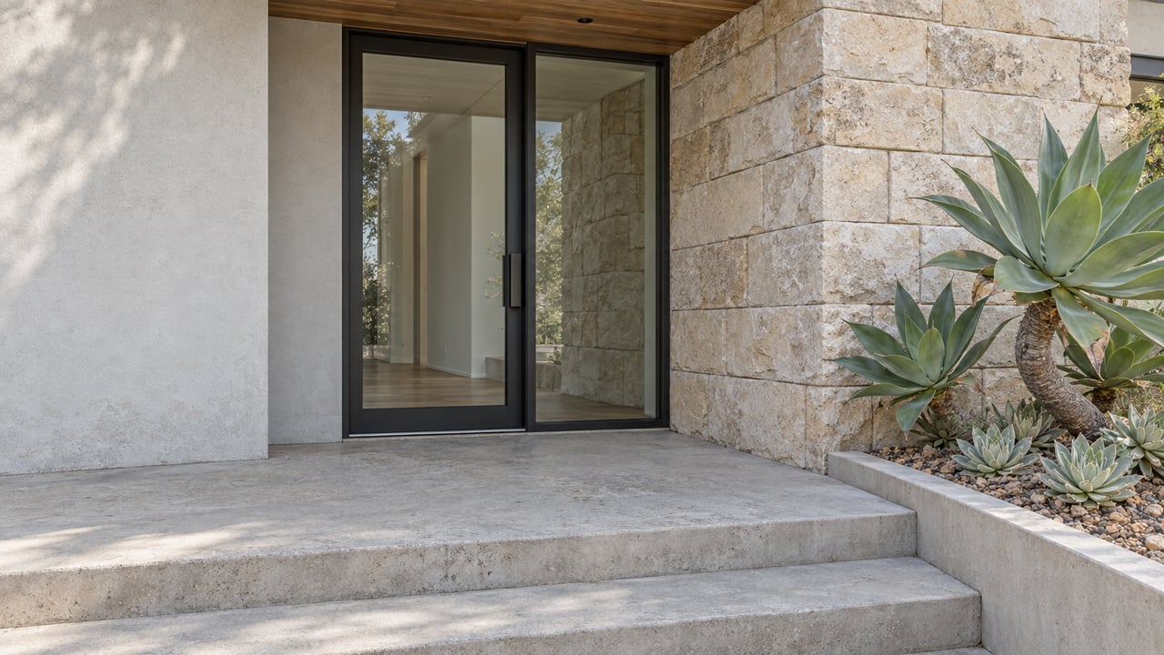 Close elevated view of a modern home's glazed entrance, cedar overhang, limestone pier and concrete steps beside sculptural succulents.