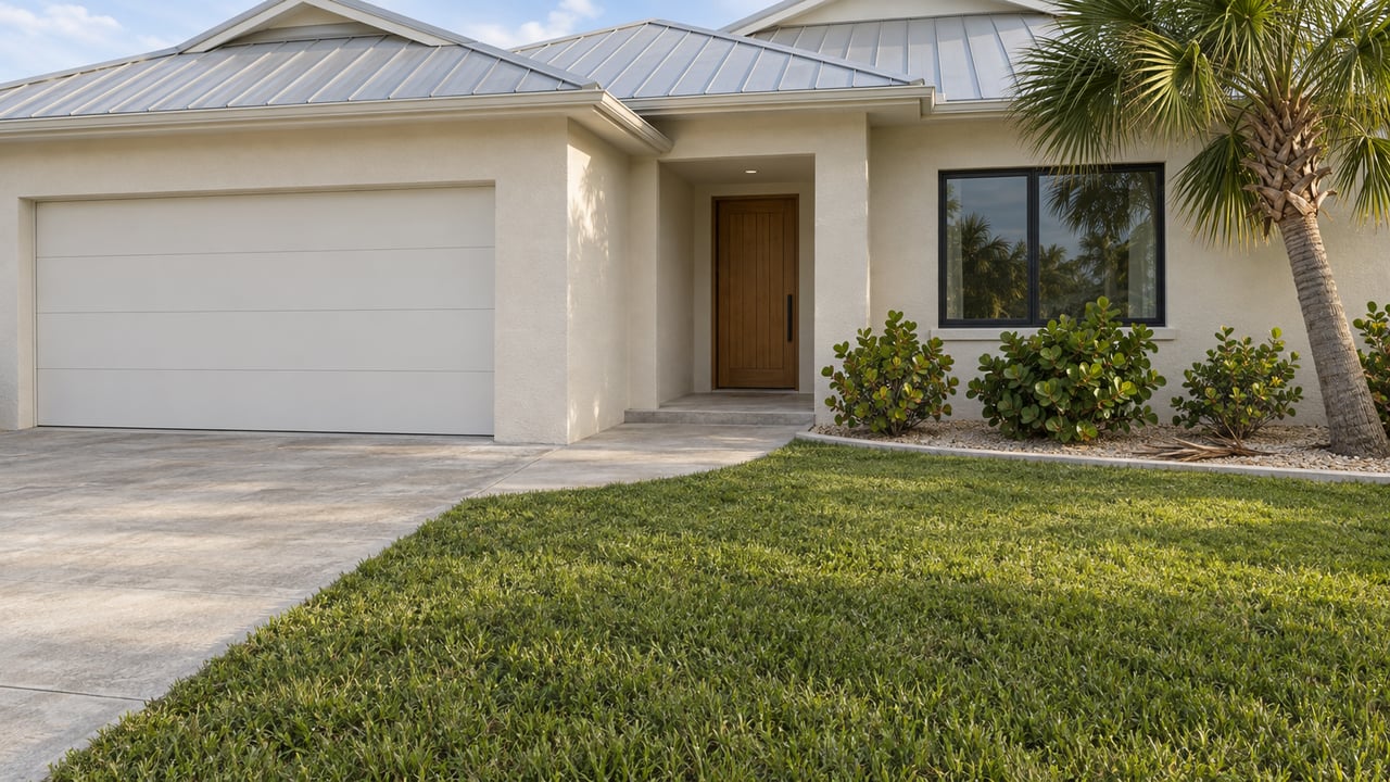 Ivory stucco home with a pale metal roof, closed garage, sheltered timber entry and lawn bordered by a mature palm and sea grape shrubs.