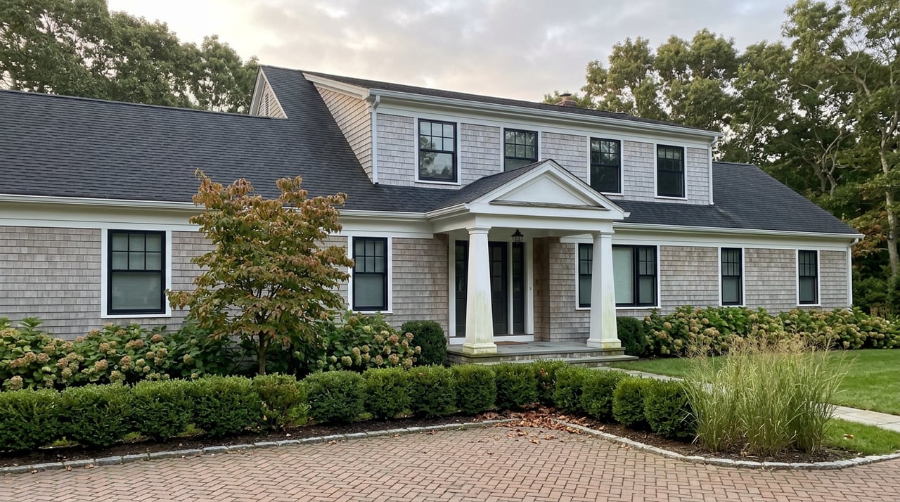 Gray-taupe shingle-style home with a white columned portico, brick drive court, and bronze-red dogwood leaves.