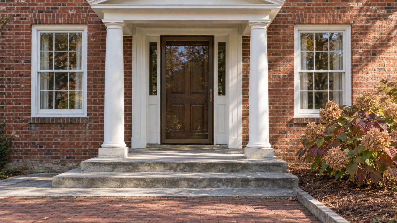Afternoon light on a red-brick home with white portico columns, an oak entry door, limestone steps and autumn oakleaf hydrangea.