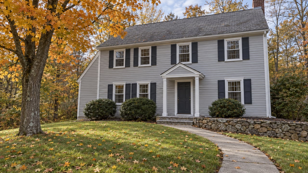 Light gray clapboard home with a small covered entry, granite steps, sloping lawn, and an orange-gold maple canopy.