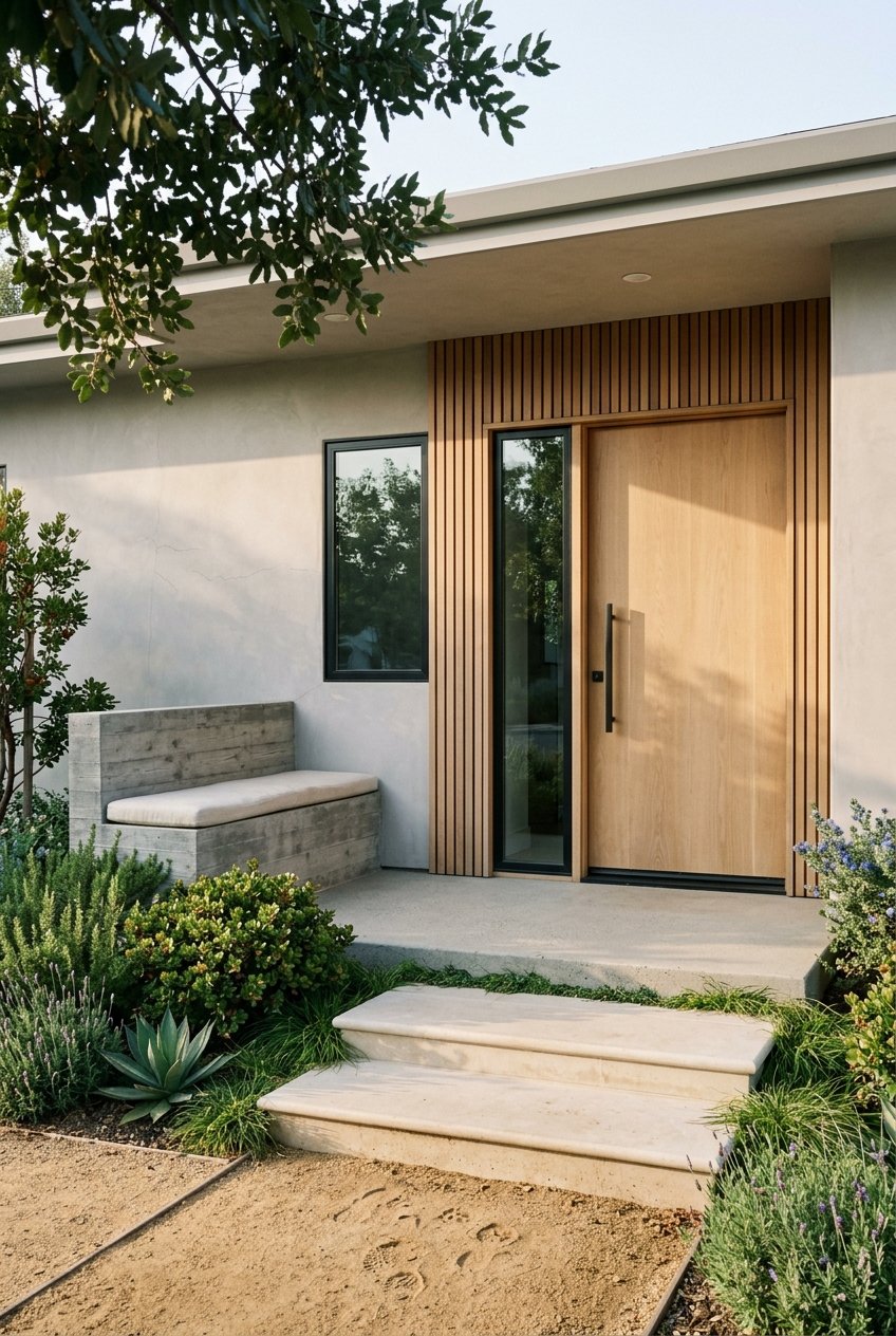 Contemporary home entrance with an oak pivot door, concrete bench, cedar siding, and drought-tolerant plants.