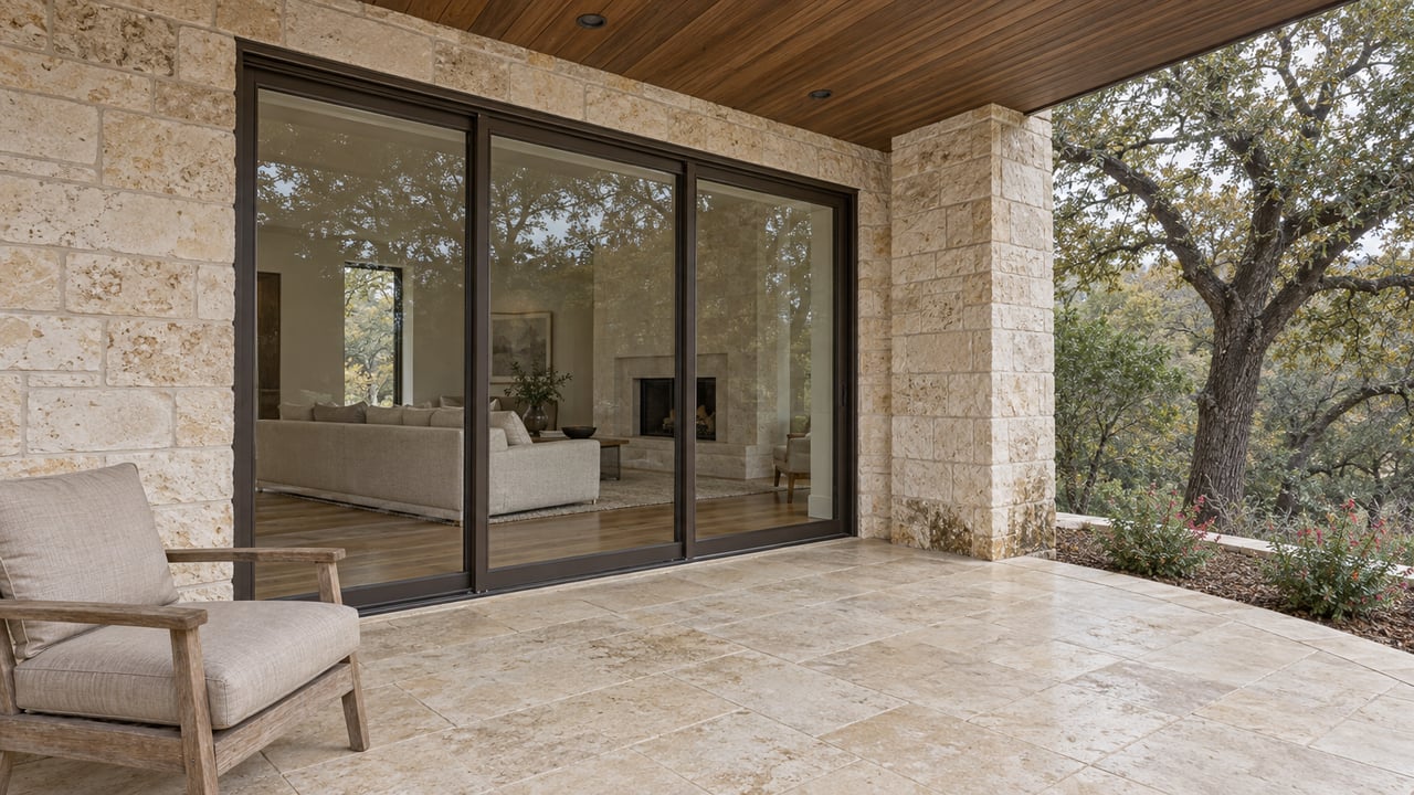 Covered limestone terrace with a teak lounge chair, bronze-framed glass doors and a mature oak beside a custom home.