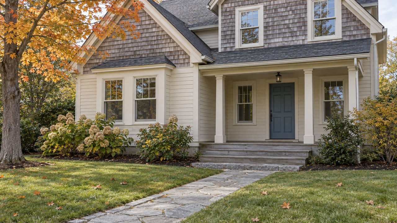 Ivory clapboard and weathered cedar house with a blue front door, granite walk, and autumn sugar maple above a deep front lawn.