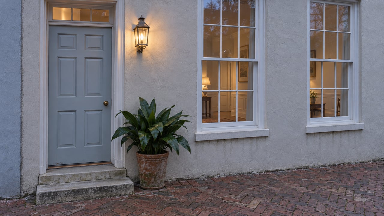 Oyster-stucco townhouse with a pale blue door, two sash windows, and a warm brass lantern.