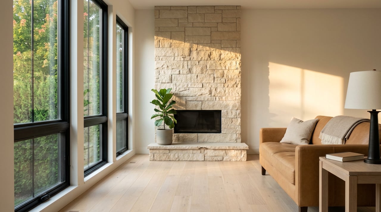 Limestone fireplace between black-framed windows and a camel leather sofa, with dense green trees outside.