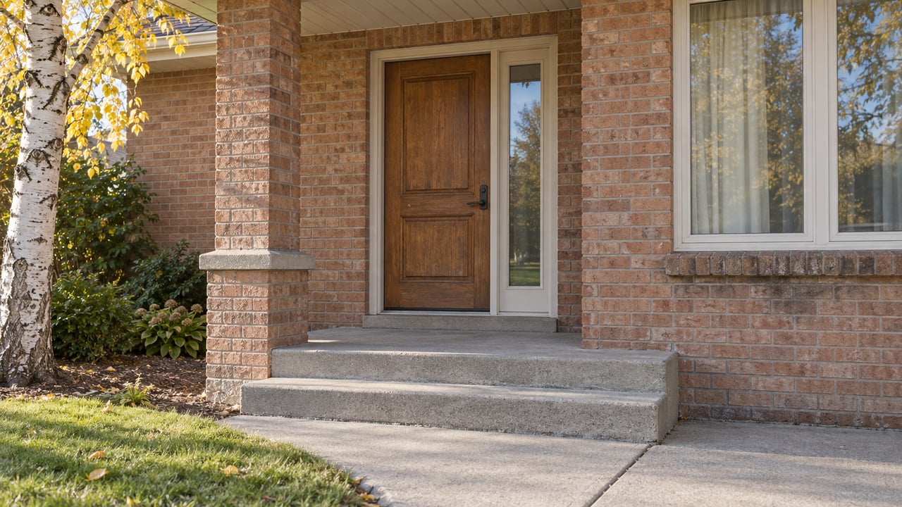Autumn light across a brick home's covered entry, wood door, concrete steps and a yellow-leaved paper birch.