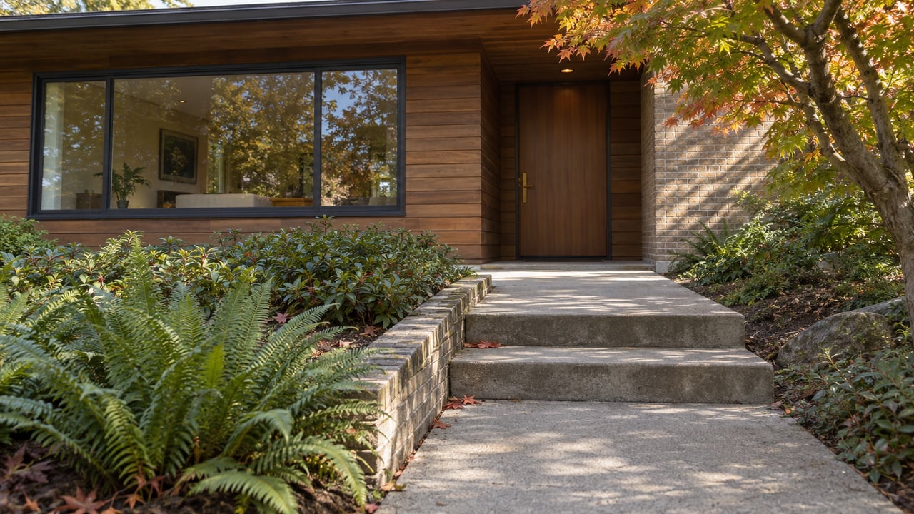 Concrete steps climb through a planted yard to a cedar-sided midcentury home with a dark-framed window and recessed wood door.