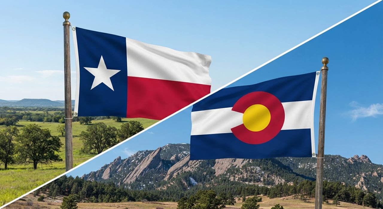 Texas and Colorado flags displayed over their contrasting landscapes.