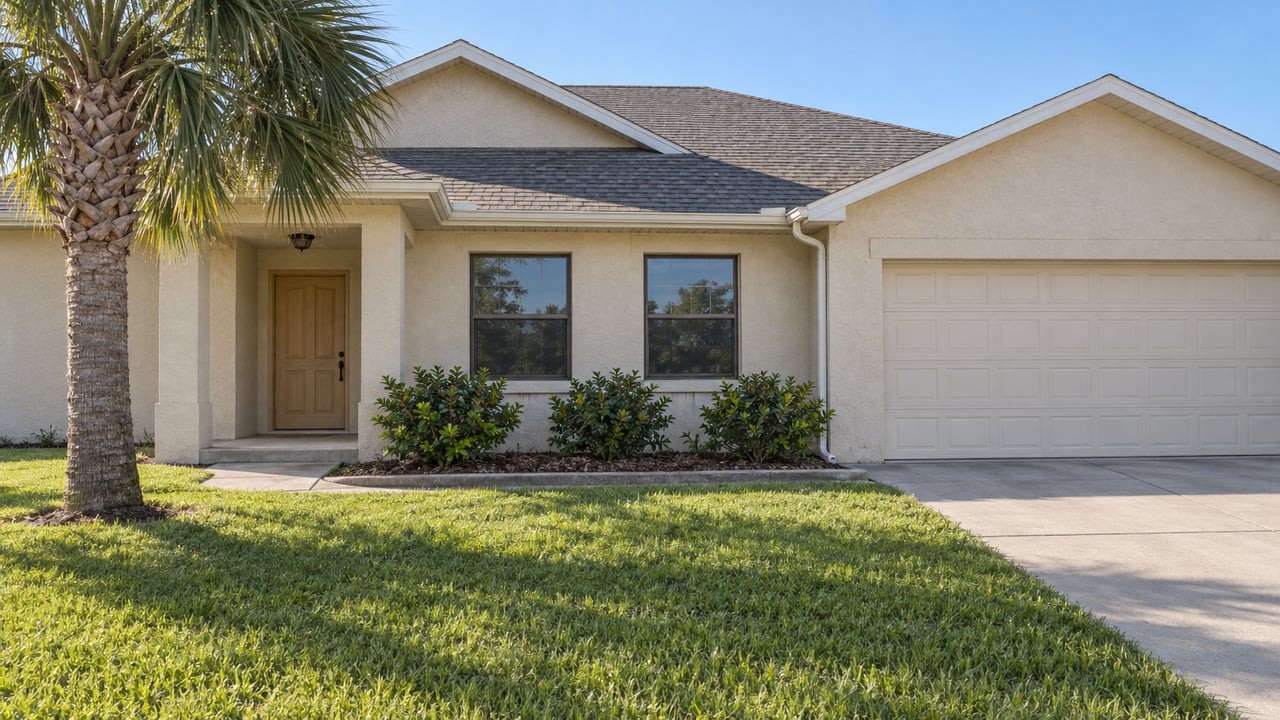 Sunlit ivory stucco house with gray gabled roofs, a shaded entry, broad lawn, and one mature palm.
