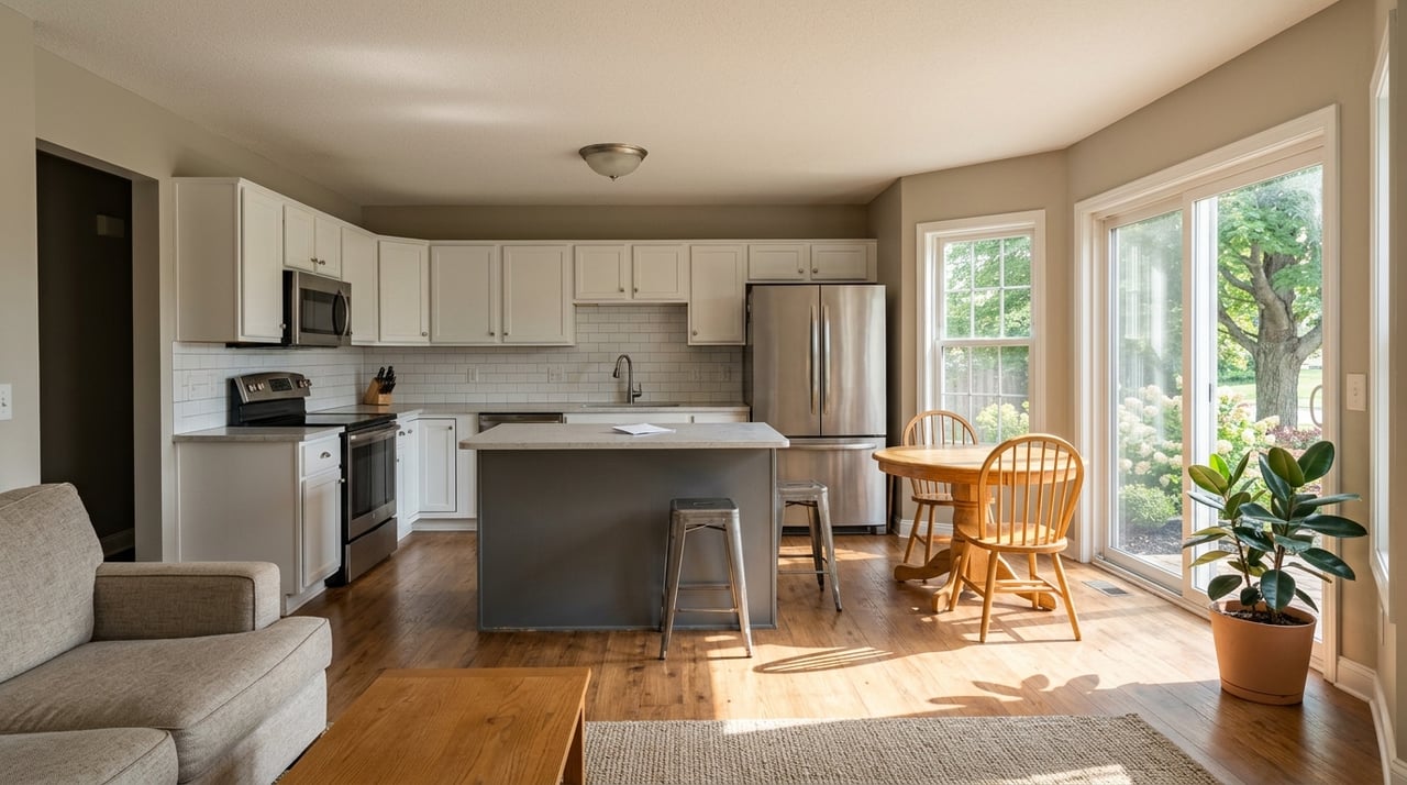 Open-plan kitchen and family room in late-morning daylight.