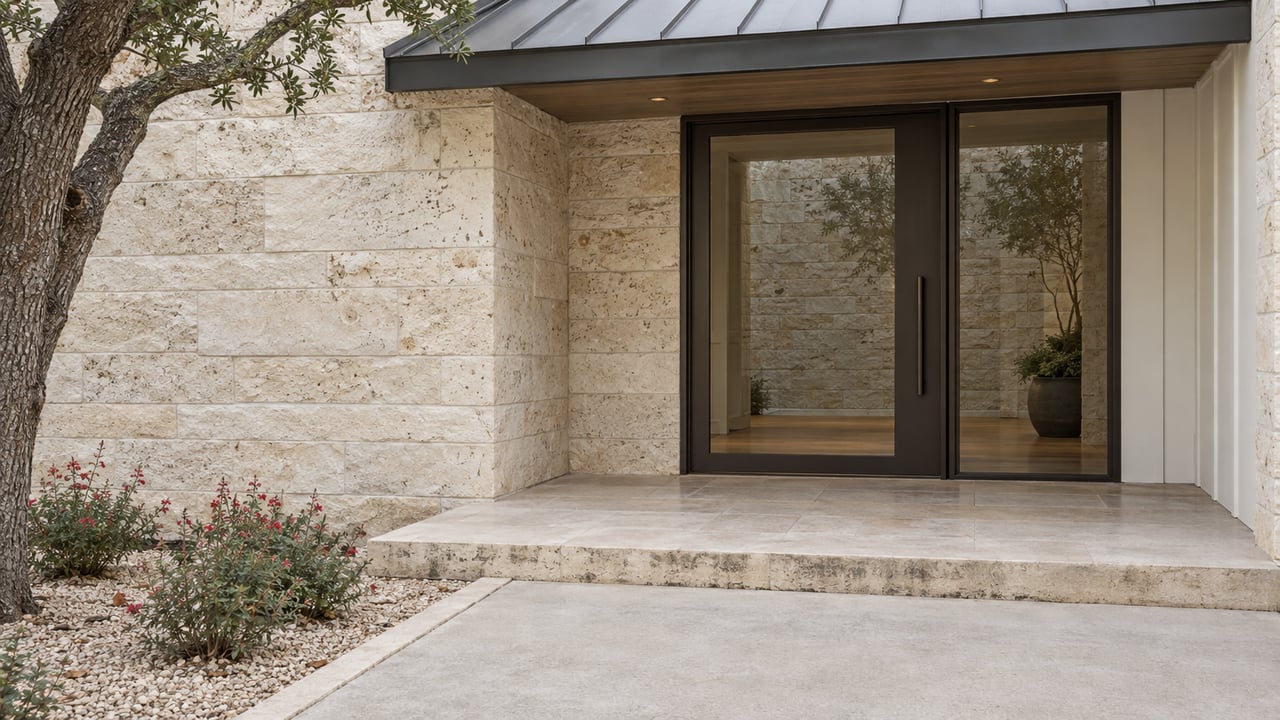A covered limestone home entrance with bronze-framed glass, a broad stone step and flowering autumn sage beside the approach.