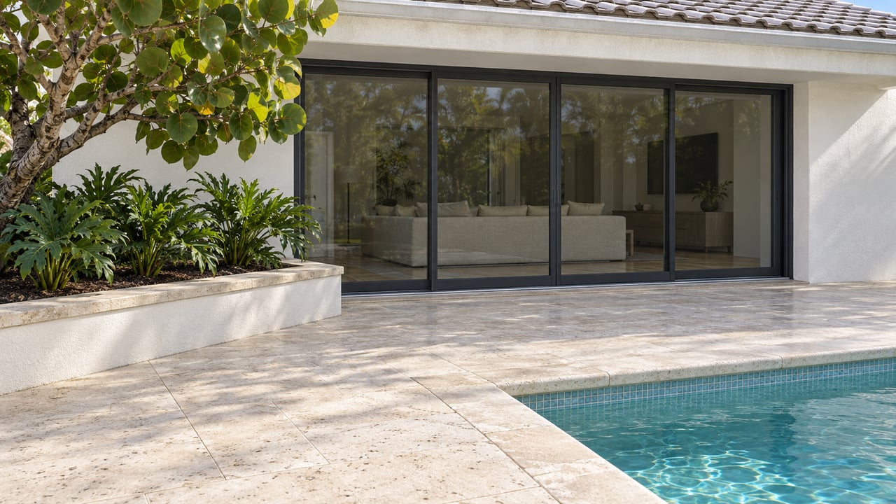 White stucco home with charcoal-framed glass doors, a pale limestone pool terrace and a sculptural sea grape tree.