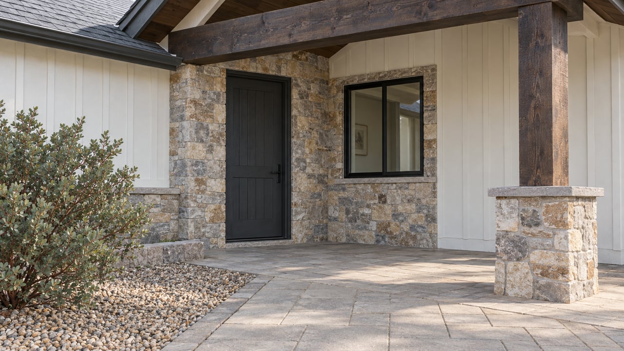 Covered home entry with pale board-and-batten siding, dark timber supports, stone accents and a manzanita beside a paver walk.