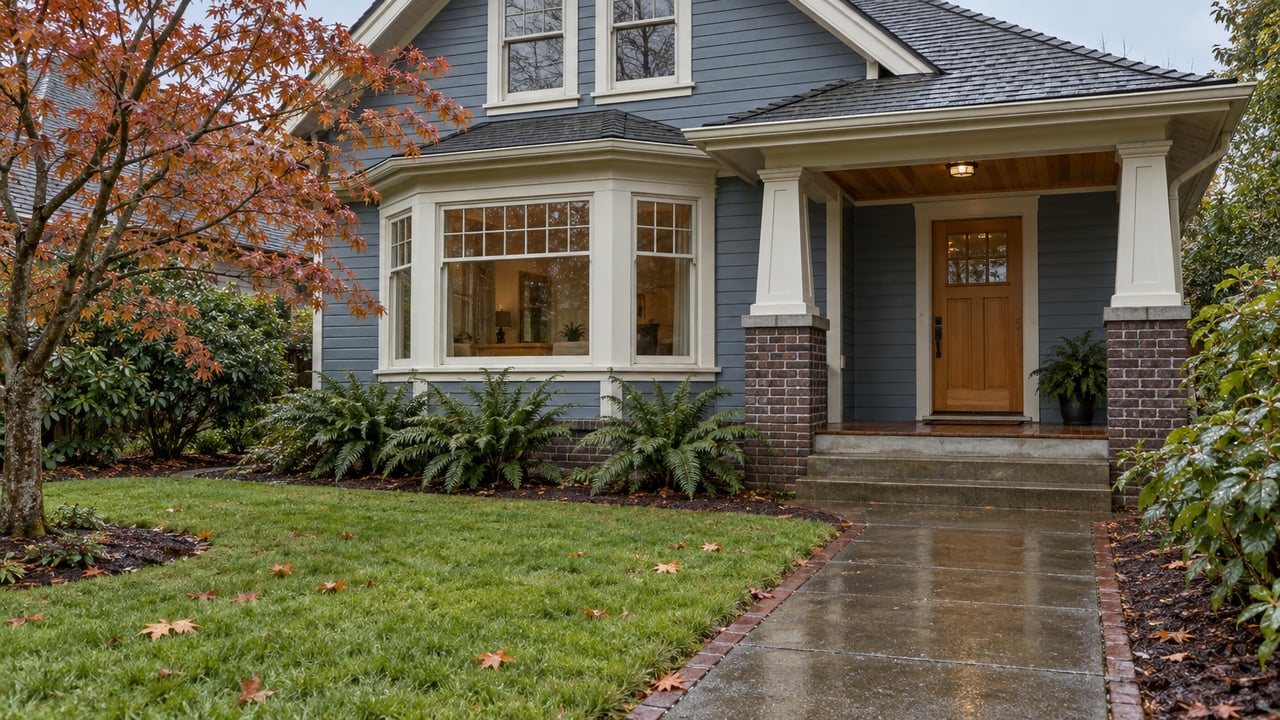 Rain-darkened garden walk leads to a blue-gray gabled home with a covered wood porch, brick foundation and copper-leaved maple.