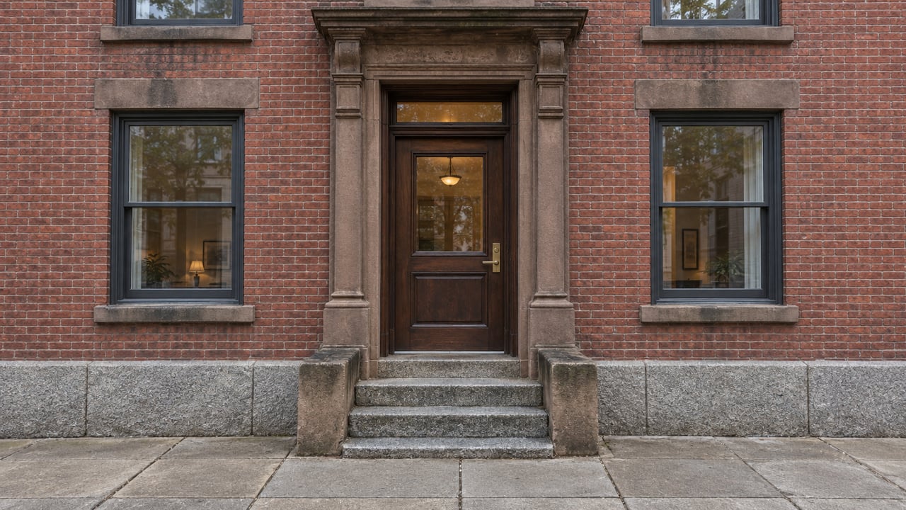 Red brick condominium entrance with a dark oak door, weathered sandstone surround, paired windows and broad granite steps.