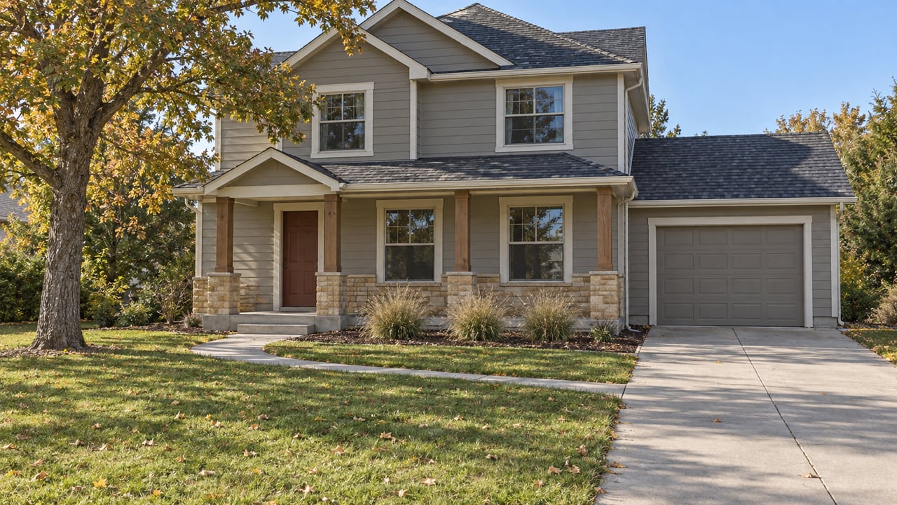 Two-story gray-sided home with a covered porch, sandstone accents, a deep autumn lawn and a mature oak.