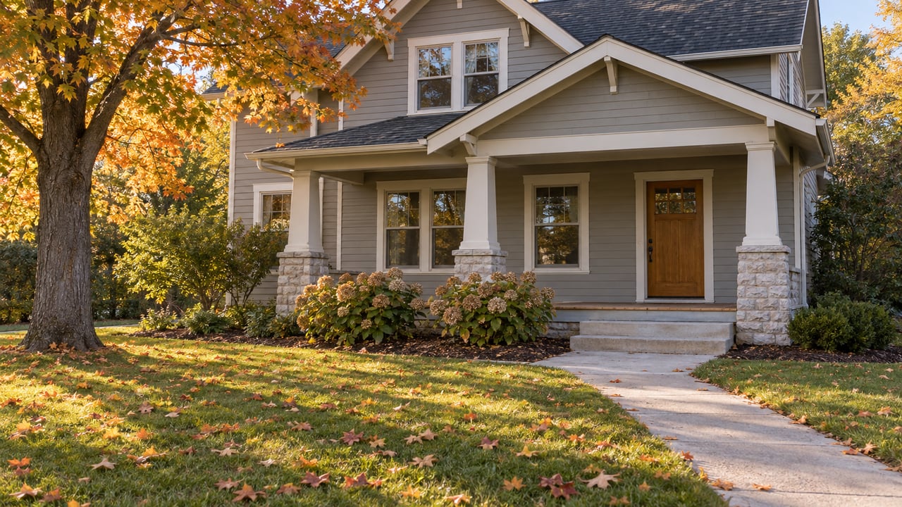 An established clapboard home with a covered porch, a deep front lawn and an amber sugar maple in autumn afternoon light.