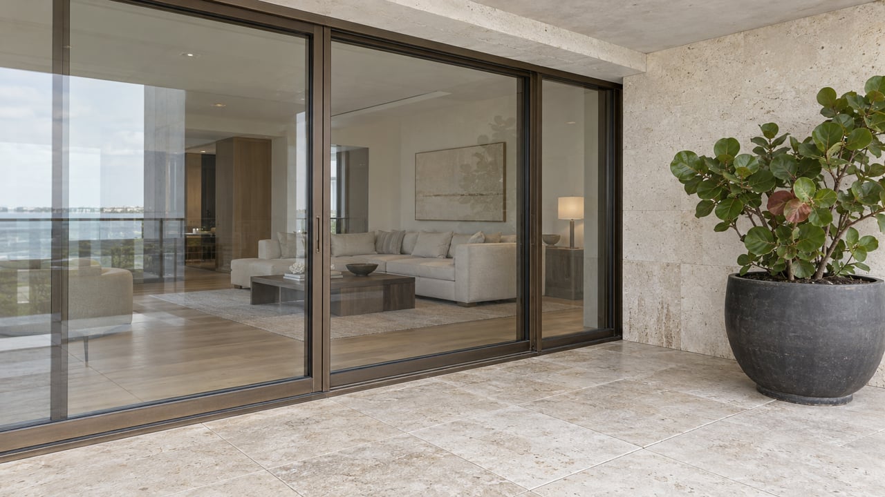 Covered limestone terrace with bronze-framed glass doors opening visually onto a softly furnished living room, beside a potted sea grape tree.