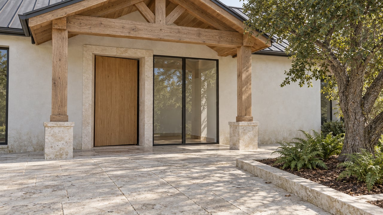 Oak-framed covered entry with pale stone paving, off-white walls, black-framed glazing and a mature evergreen oak.